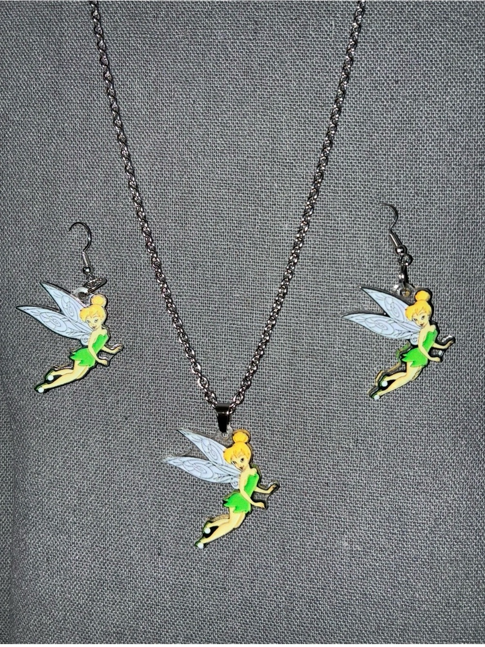 3 Piece Set Tinkerbell Necklace and matching Pierced Earrings